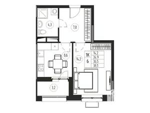 1-к квартира, вторичка, 37м2, 17/21 этаж