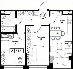 2-к квартира, вторичка, 54м2, 7/13 этаж