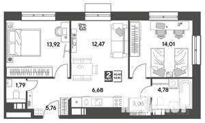 2-к квартира, строящийся дом, 62м2, 4/15 этаж