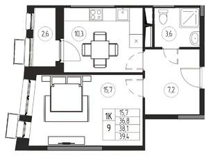 1-к квартира, вторичка, 38м2, 4/21 этаж