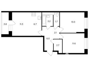 3-к квартира, строящийся дом, 60м2, 3/13 этаж