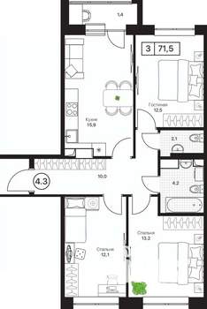 3-к квартира, вторичка, 72м2, 10/17 этаж