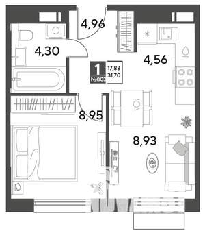 1-к квартира, строящийся дом, 32м2, 8/12 этаж