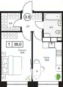 1-к квартира, вторичка, 38м2, 7/17 этаж