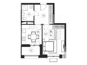 1-к квартира, вторичка, 37м2, 18/21 этаж
