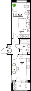 1-к квартира, вторичка, 42м2, 5/13 этаж