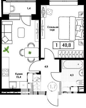 1-к квартира, вторичка, 41м2, 9/13 этаж