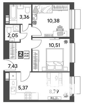 2-к квартира, строящийся дом, 48м2, 4/15 этаж