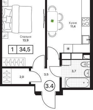1-к квартира, вторичка, 35м2, 8/17 этаж