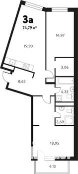 3-к квартира, строящийся дом, 74м2, 4/17 этаж