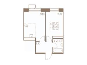 2-к квартира, вторичка, 43м2, 13/25 этаж