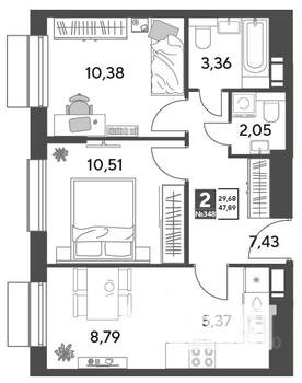 2-к квартира, строящийся дом, 48м2, 12/15 этаж