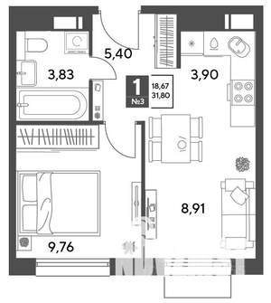 1-к квартира, строящийся дом, 32м2, 2/9 этаж