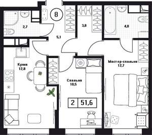 2-к квартира, вторичка, 52м2, 8/17 этаж