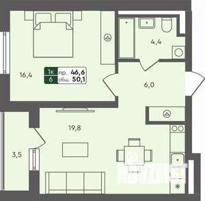 1-к квартира, строящийся дом, 50м2, 1/4 этаж