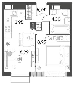 1-к квартира, строящийся дом, 32м2, 5/12 этаж